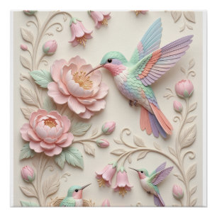 Weiches Rosa geformtes Vögel und Blumen Muster Fle Poster