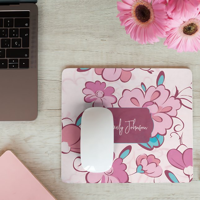 Weiches Rosa Türkis Florales Monogramm-Design mit  Mousepad (Soft Pink Teal Floral Monogram Design Custom Name Mouse Pad)