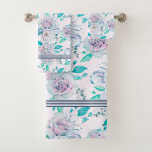 Weiches rosa und blaues Vintage-Rosenmuster Badhandtuch Set