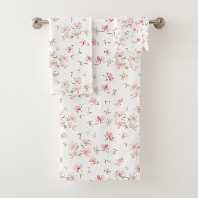 Weiches rosa Watercolor-Blumen-Muster Badhandtuch Set (Insitu)