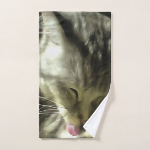 Weiches und sanftes Fell und Purr einer grauen Kat Handtuch