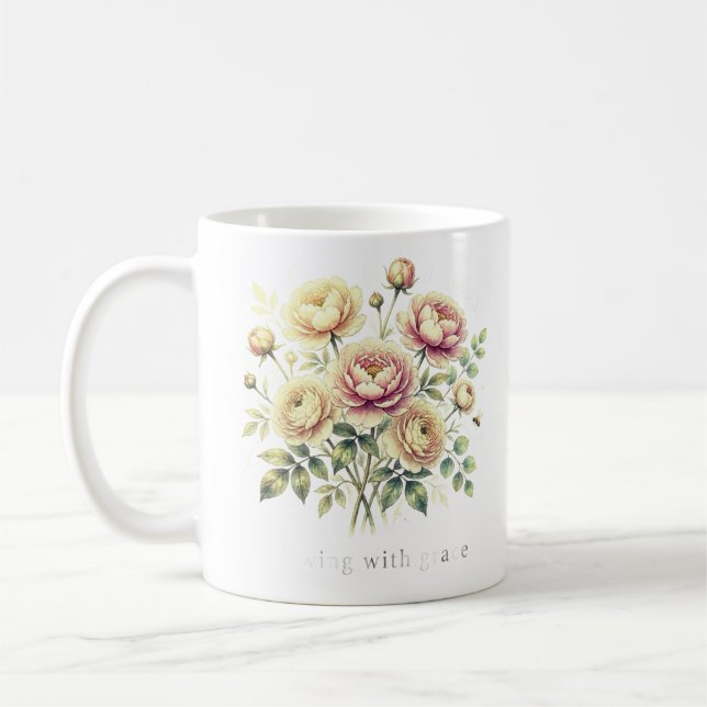 Weiches Wasserfarben-Pfingstrosenbouquet.... Kaffeetasse (Links)
