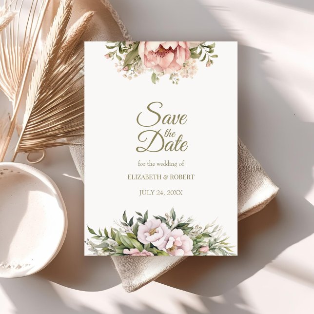 Weichpfirsichfarben und Blütenblüten Save the Date Einladung (Soft Peach and Blush Floral Save The Date Invitation on a neutral boho wedding table.)