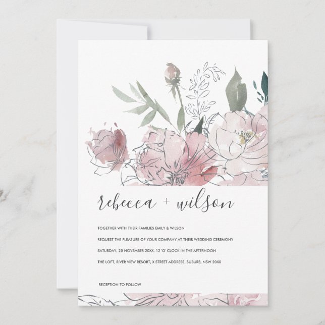 WEICHPINK BLUSH WATERCOLOR FLUSSBREITE INVITE DANKESKARTE (Vorderseite)