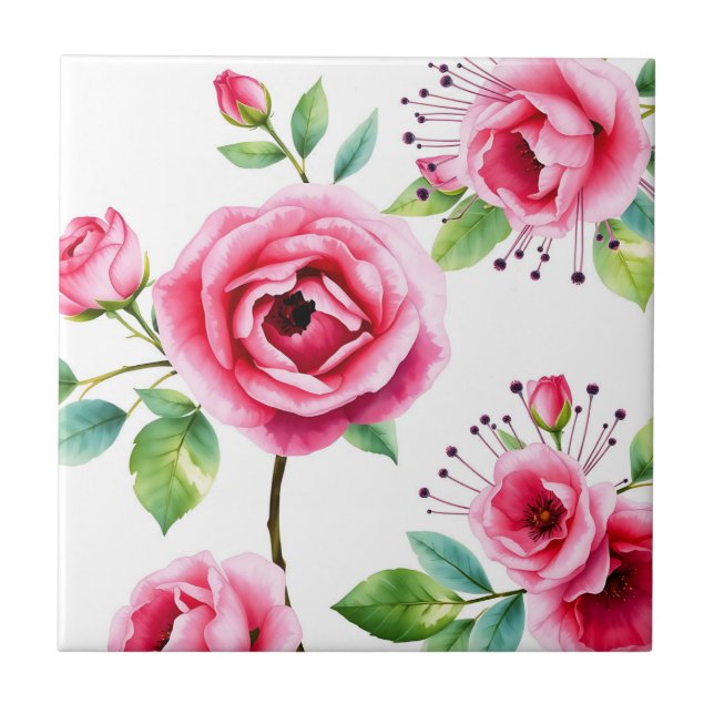 Weichrosa Rosen und Eukalyptus-Blume Fliese (Vorderseite)