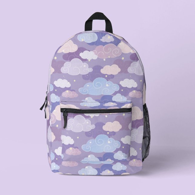 Weichteilwolken und Sternenmuster Bedruckter Rucksack (Purple Whimsical Clouds and Sky Backpack)