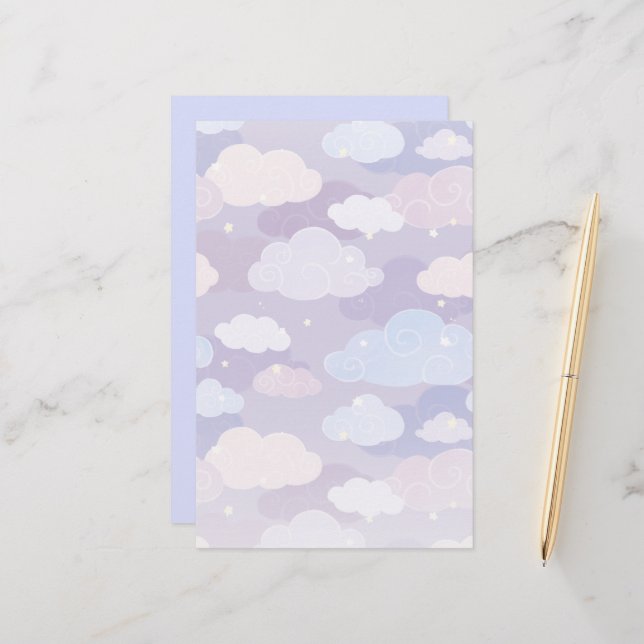 Weichteilwolken und Sternenmuster Briefpapier (Vorderseite/Rückseite Beispiel)