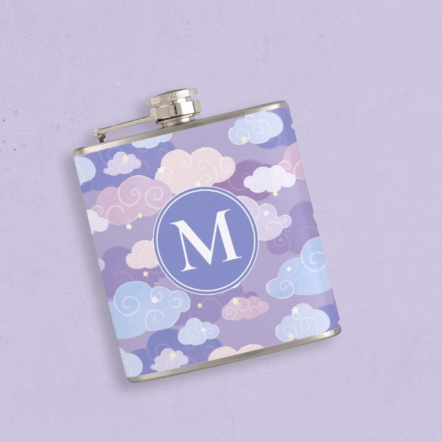 Weichteilwolken und Sternenmuster Flachmann (Monogram Purple Clouds & Sky Pattern Flask)