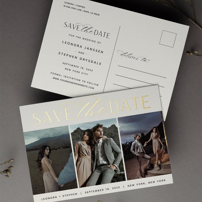 Weichzeichnen | 3 Foto Hochzeit Datum speichern Folie Einladungspostkarte (Von Creator hochgeladen)