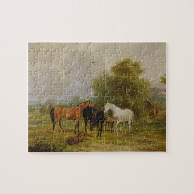 Weiden lassende Pferde: Stuten und Fohlen auf Puzzle (Horizontal)
