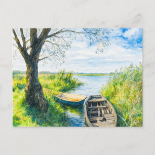Weidenboote beruhigen Fluss Aquarell Havelland Feiertagspostkarte