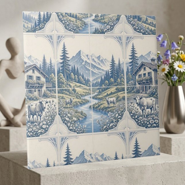 Weidende Kühe auf rollender Wiese, rustikale Bergl Fliese (Von Creator hochgeladen)