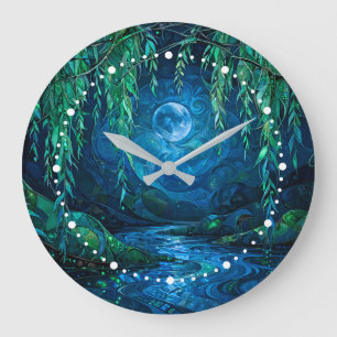 Weidenmond Saille Fließender Fluss Grüne Blaue Nac Große Wanduhr