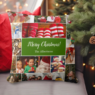 Weihnachten 15 FotoCollage mit Familienname Grün Kissen
