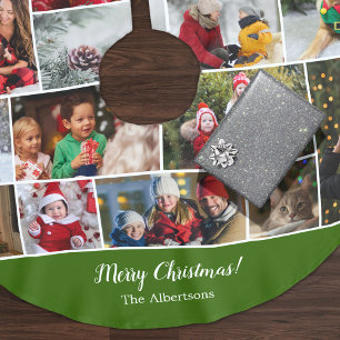 Weihnachten 16 FotoCollage mit Familienname Grün Polyester Weihnachtsbaumdecke