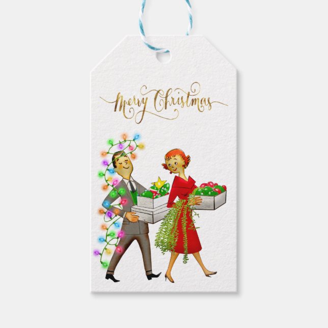 Weihnachten 1950er Jahre Paare Frohe Weihnachten Geschenkanhänger (Vorderseite)