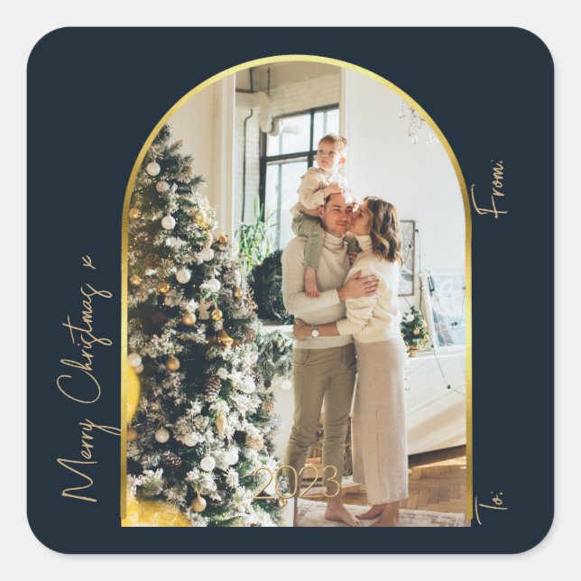 Weihnachten 1 Foto Arch Familie Frohe Weihnachten Quadratischer Aufkleber (Vorderseite)
