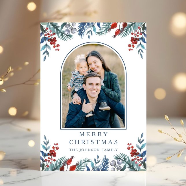 Weihnachten 1 Foto Wasserfarbe Botanisch (Christmas 1 Photo Arch Watercolor Botanical Holiday Card)