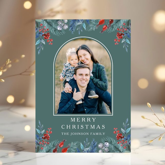 Weihnachten 1 Foto Wasserfarbe Botanisch (Christmas 1 Photo Arch Watercolor Botanical Holiday Card)