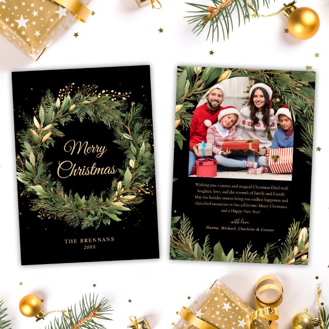 Weihnachten 1 Foto Wasserfarbe Botanisches Elegant (Christmas 1 Photo Watercolor Botanical Elegant Holiday Card)