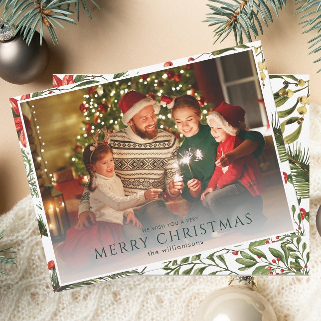 Weihnachten 1 Foto Wasserfarben Berries Blühen Mitteilungskarte (Christmas 1 Photo Watercolor Berries Floral Note Card)