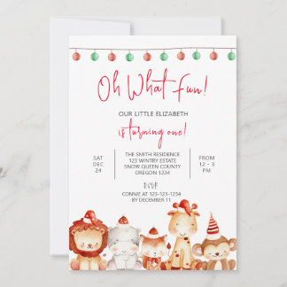 Weihnachten 1. Geburtstag, Animal Party, Santa Einladung