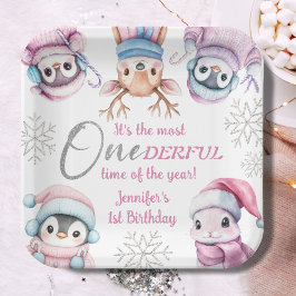 Weihnachten 1. Geburtstag Niedlich Pink Winter Tie Pappteller