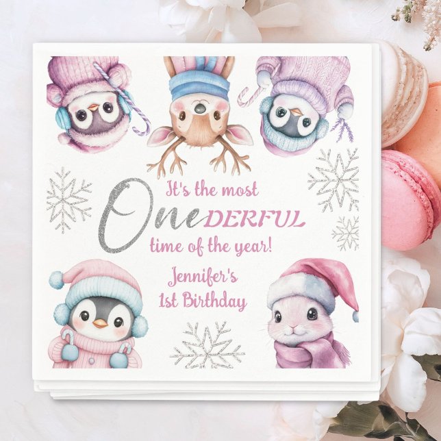 Weihnachten 1. Geburtstag Niedlich Pink Winter Tie Serviette (Von Creator hochgeladen)