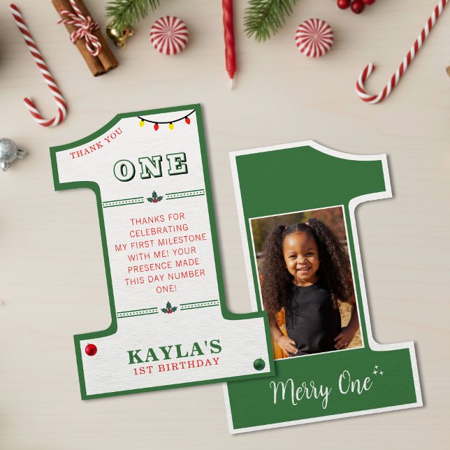 Weihnachten 1. Geburtstag Party Merry Ein Foto Dankeskarte (Christmas 1st Birthday Party Merry One Photo Thank You Card
)