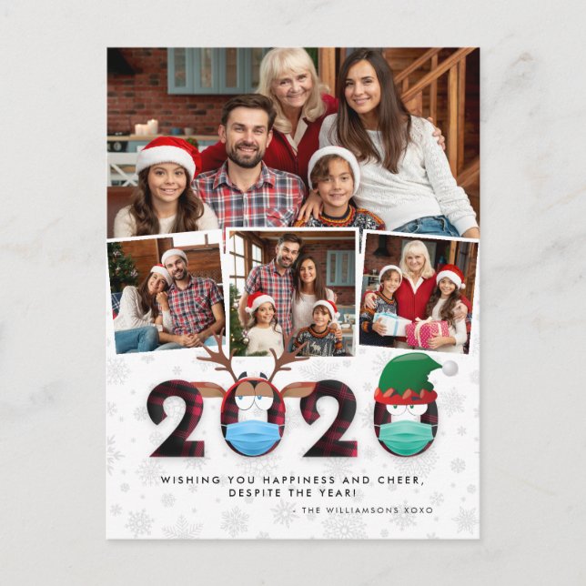 Weihnachten 2020 | Funny Face Masken & Tartan 4 Fo Postkarte (Vorderseite)