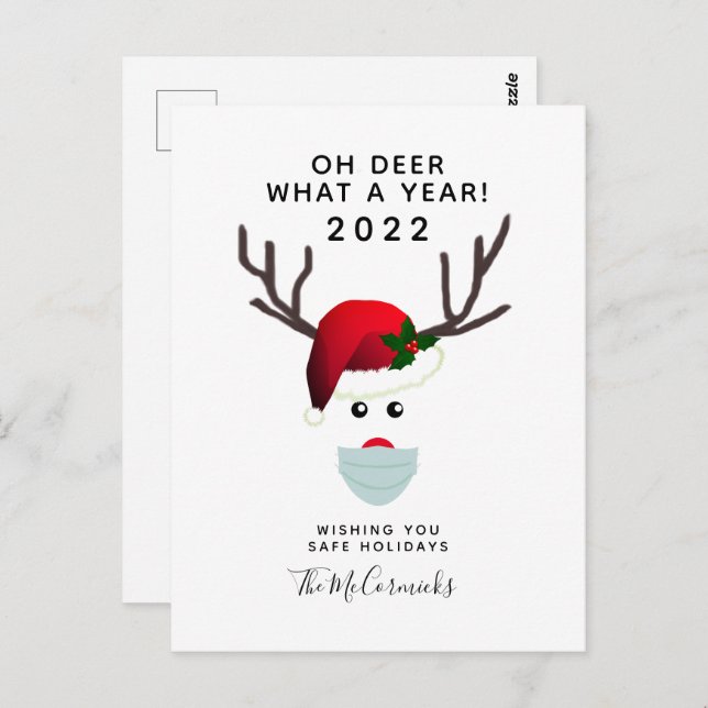 Weihnachten 2021 Covid Face Maske Reindeer Postkarte (Vorne/Hinten)