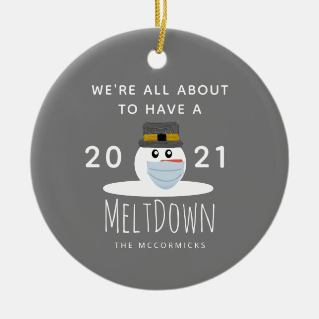 Weihnachten 2021 Meltdown Snowman Family Monogram Keramik Ornament (Vorne)