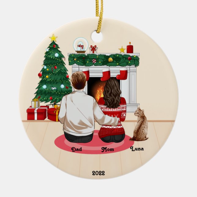 Weihnachten 2022 Personalize Family Mama Vater Cat Keramik Ornament (Vorne)