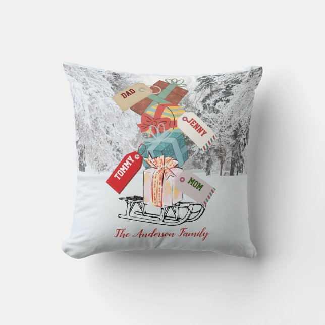 Weihnachten 2022 Schlitten mit Geschenken Name Mod Kissen (Vorderseite)