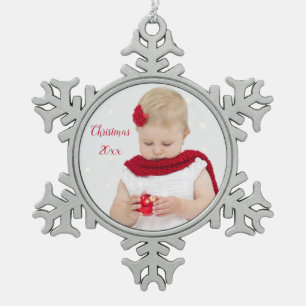 Weihnachten 20xx Eigenes Baby Foto personalisieren Schneeflocken Zinn-Ornament