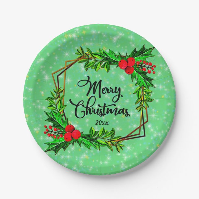 Weihnachten 20xx Holly Red Berries Modern Green 7" Pappteller (Vorderseite)