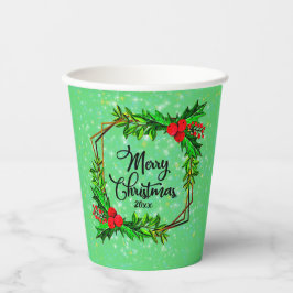 Weihnachten 20xx Holly Red Berries Modern Green Pappbecher