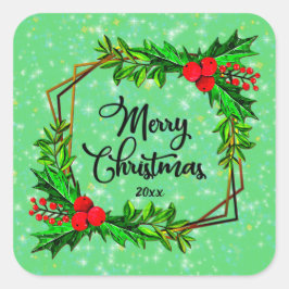 Weihnachten 20xx Holly Red Berries Modern Green Quadratischer Aufkleber