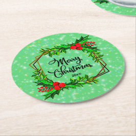 Weihnachten 20xx Holly Red Berries Modern Green Runder Pappuntersetzer