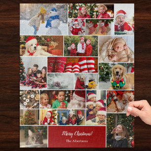 Weihnachten 22 FotoCollage mit Familienname Rot Puzzle