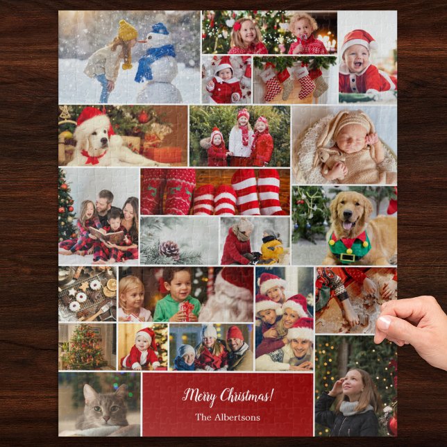 Weihnachten 22 FotoCollage mit Familienname Rot Puzzle (Von Creator hochgeladen)