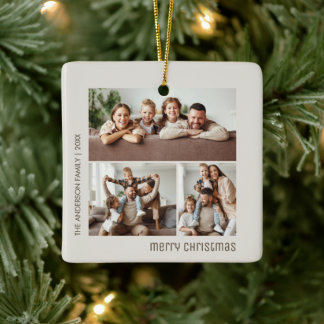 Weihnachten 3 Familienfotos Collage Beige Keramikornament