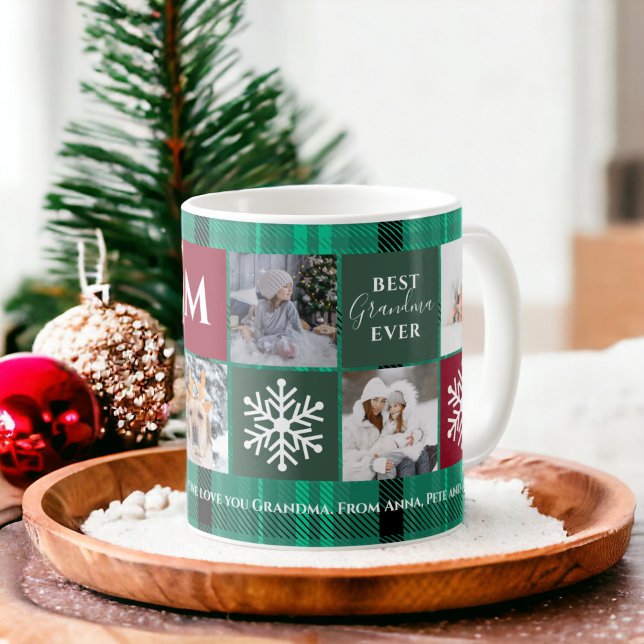 Weihnachten 5 Foto Gitter besten Oma grün kariert Kaffeetasse (Christmas 5 photos grid best grandma green plaid coffee mug)