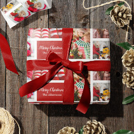 Weihnachten 5 FotoCollage mit Familienname, rot Geschenkpapier
