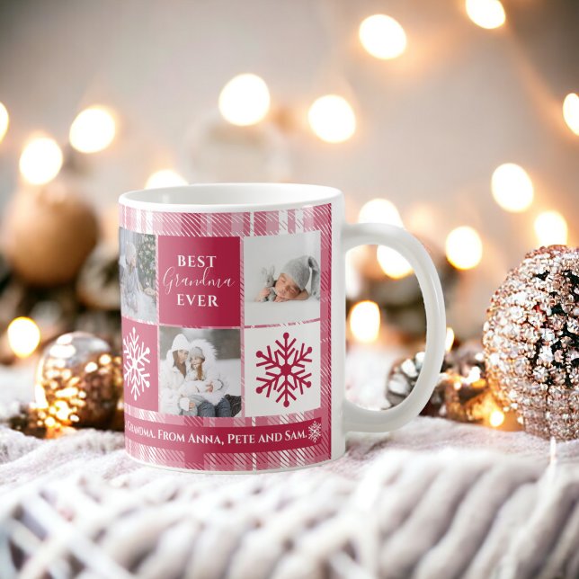 Weihnachten 5 Fotos Gitter beste Oma magenta karie Kaffeetasse (Christmas 5 photos grid best grandma magenta plaid coffee mug)