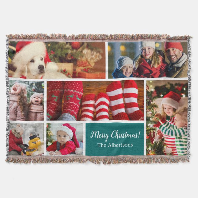 Weihnachten 7 Foto Collage mit Familienname, blau Decke (Vorderseite)