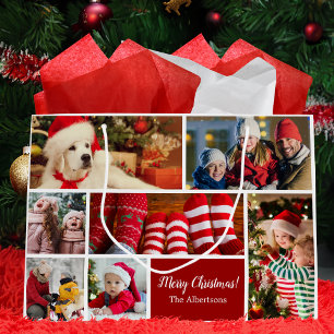 Weihnachten 7 FotoCollage mit Familienname, rot Große Geschenktüte