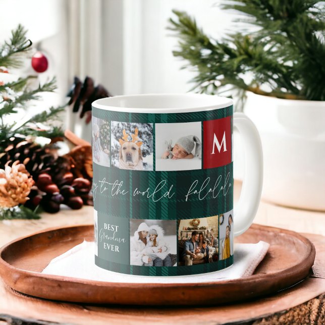 Weihnachten 8 Foto Gitter besten Oma kariert Kaffeetasse (Christmas 8 photos grid best grandma green plaid coffee mug)
