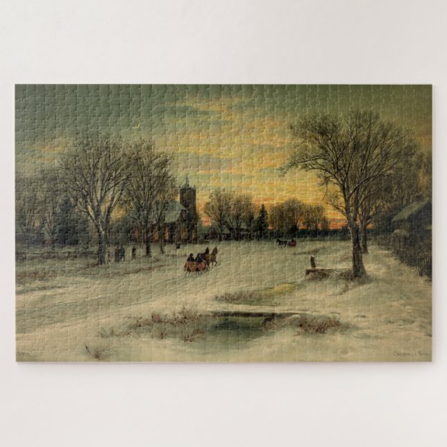Weihnachten Abend Sonnenuntergang Winterlandschaft Puzzle (Horizontal)