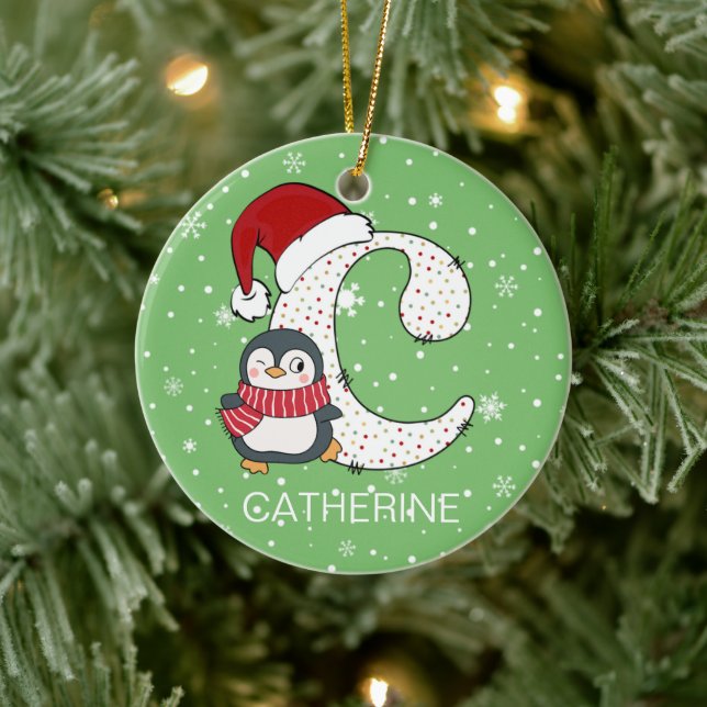 Weihnachten Alphabet C Weihnachtsmannmütze Pinguin Keramik Ornament (Baum)